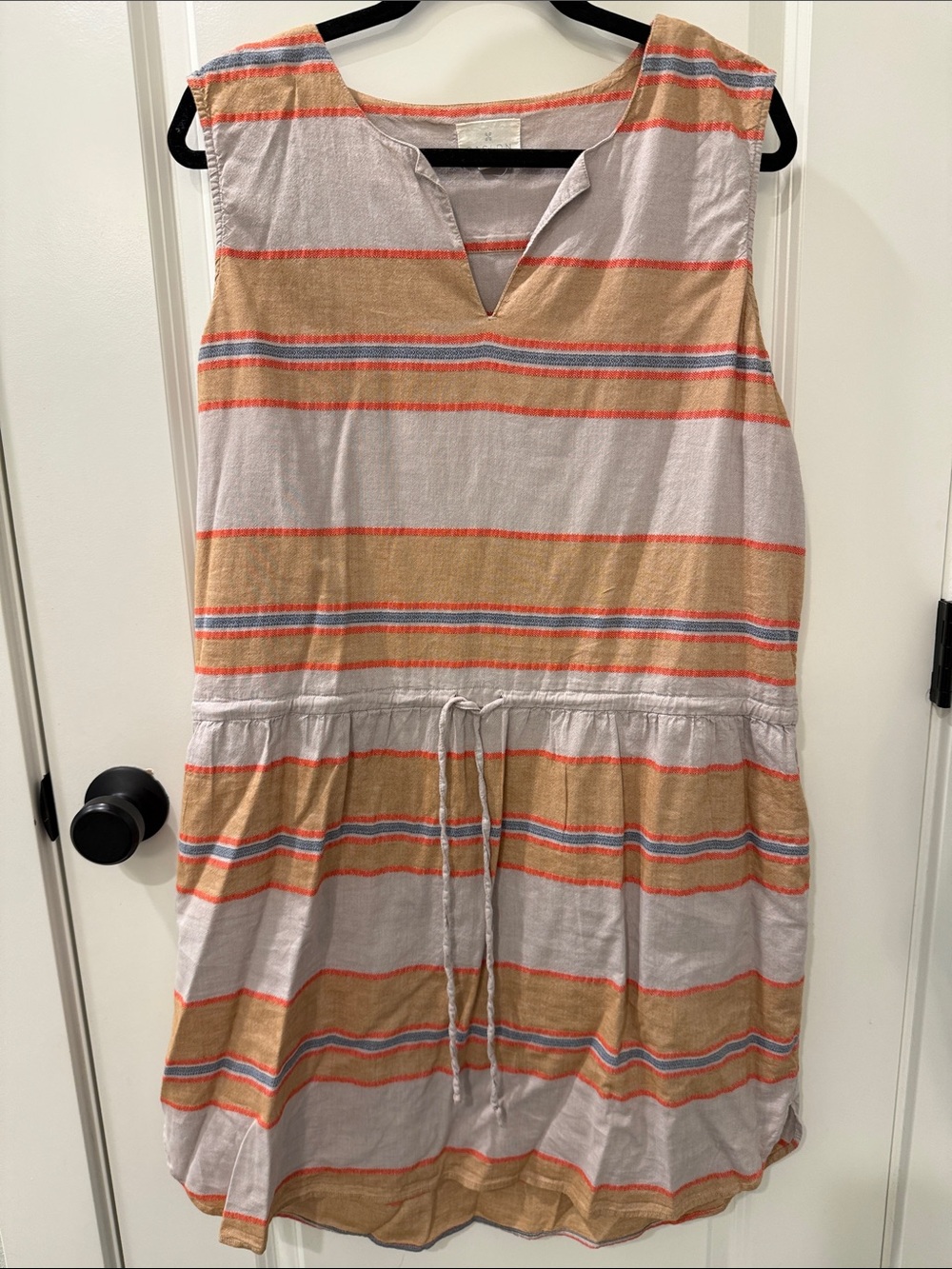 Caslon Beige and Coral Striped Sleeveless Drawstring Dress